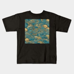 Japanese Gold and Teal Waves Kids T-Shirt